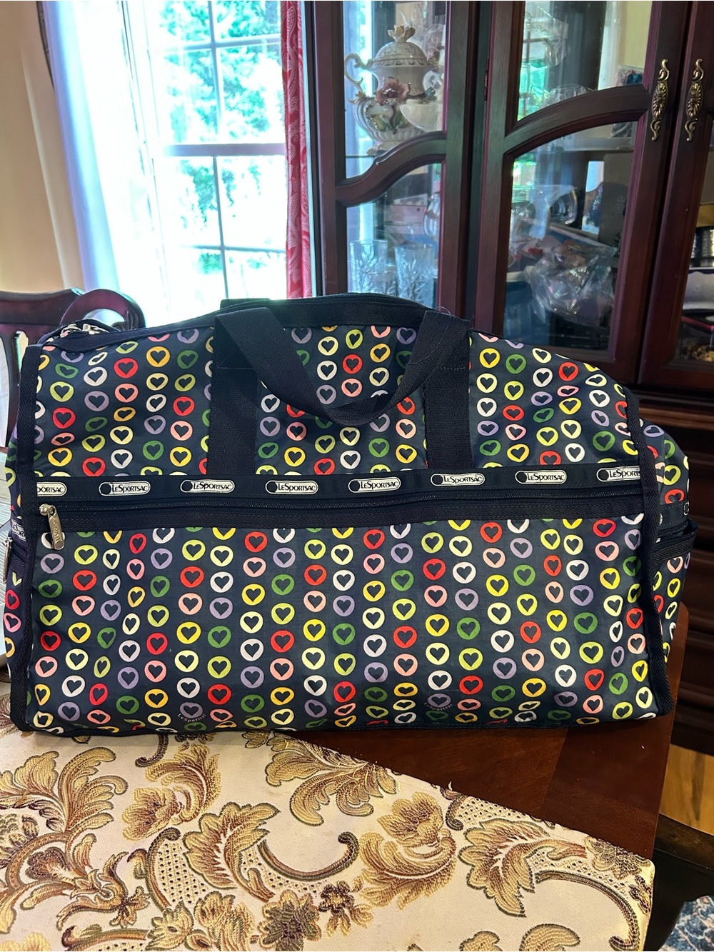 LeSportsac Navy Heart Travel Boston Duffle Weekender Bag Zip Nylon 19x13x9 Light